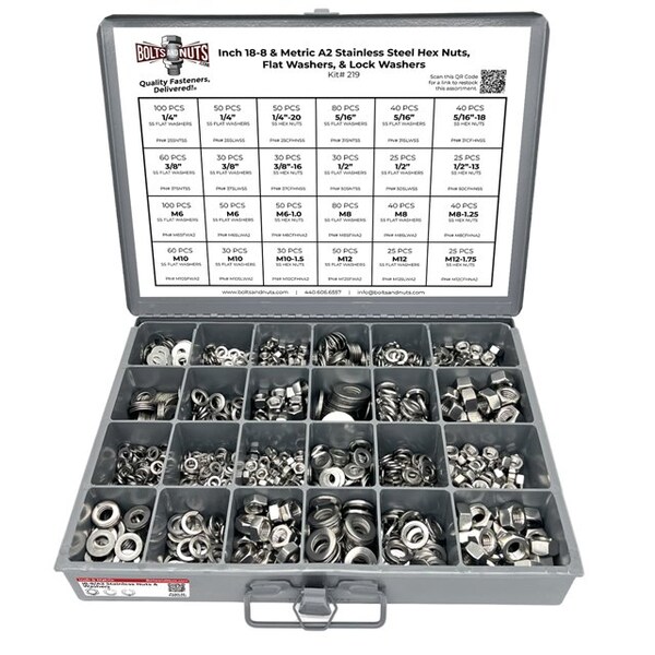 Boltsandnuts.Com Inch & Metric Stainless Steel Hex Nut, Lock Washer and Flat Washer Assortment - 1141 PCS Assortment Kit #219 - main